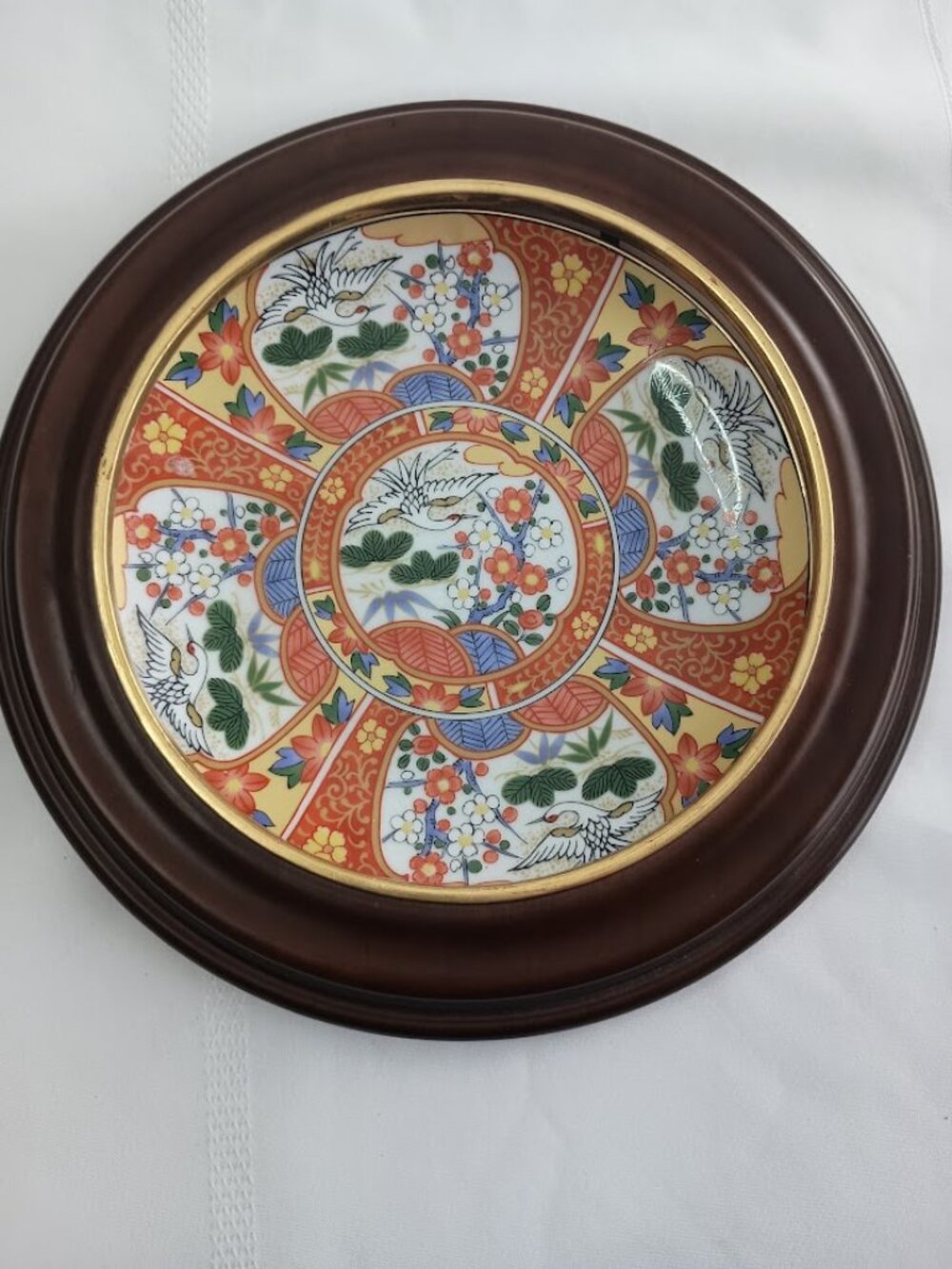 Vintage Japanese Imari Style Decorative Plate w/ Wooden Frame Ready for Hanging